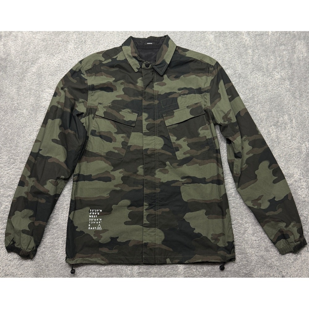 Denham Shirt Jacket Mens Small Green Camo‎ Military Utility Full Zip Snap Cotton